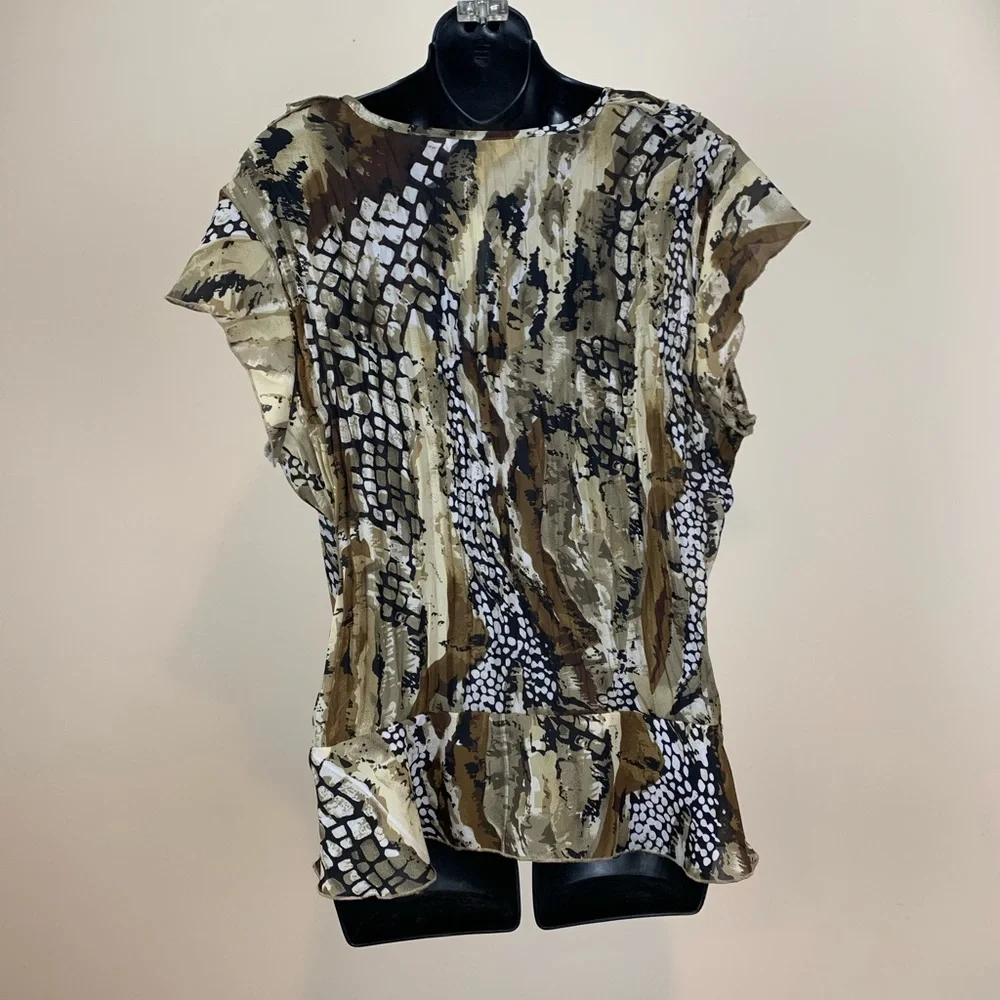 Allison Taylor Sheer Ruffle tie front animal print blouse, size XL
